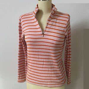 LL Bean 1/4 zip long sleeve top pink w/ orange stripes 100% cotton women's small